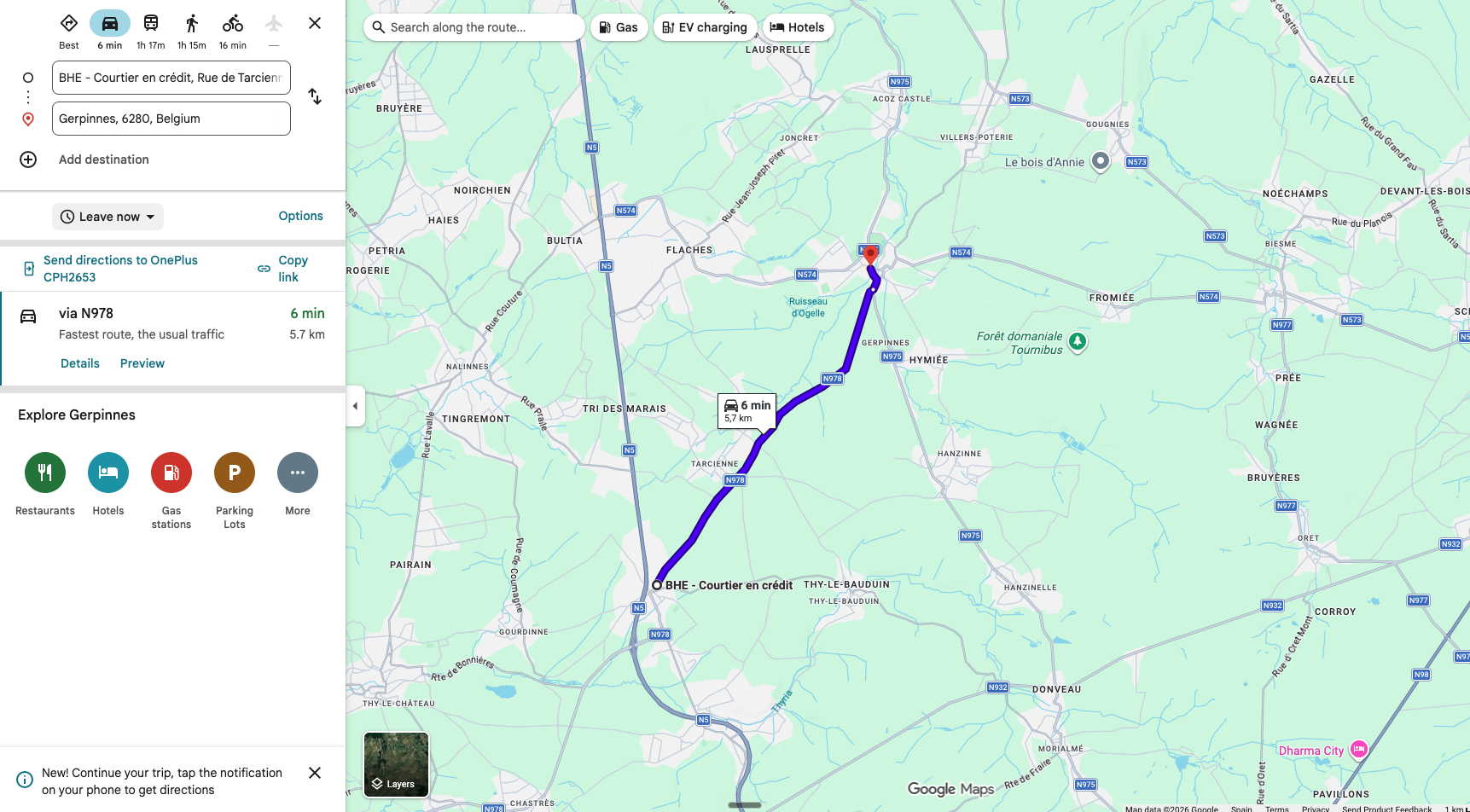 Trajet de Gerpinnes vers BHE Somzée